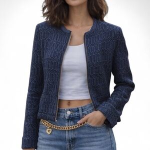 LOFT Petite Textured Zip Jacket Dark Blue Quilted Knit Women’s Size MP